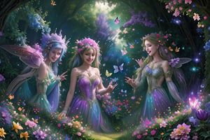 Sure, here's a visual design idea about forest fairies:

In the visual, a mysterious atmosphere is created deep in a magical forest, under large-leaved trees. Inside the forest are graceful dryads wandering among the colorful flowers and lush foliage.

Fairies glide gently with their sparkling wings. They look like a part of nature with their elegant clothes and flowers in their hair. They protect the beauty of the forest by spreading love and joy around them with cheerful expressions on their faces.

In the background, a magical atmosphere is created with the rays of sunlight spreading into the forest. While colorful butterflies and birds fly in the forest, an atmosphere filled with dancing light particles is created around the fairies.

This visual design brings together the beauty of nature and the elegance of fairies in a fairy-tale and magical atmosphere, offering viewers an experience that expands the limits of imagination.May the fairies' faces be beautiful and attractive Let the forest colors be vibrant and bright