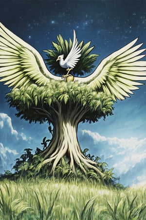 Anime style segoya, World Tree. The huge trunk spiraling into the sky, the roots reaching out to the misty lands below. Lush, vibrant leaves in different shades of green. Magical golden apples nestled among the leaves. Halfway down, a black raven perched on a gnarled branch, its eyes shining with wisdom. Even higher, the majestic white hawk, its wings slightly spread, radiating divine energy. Spiritual light filtering through the branches. The realms of gods, humanity, and giants represented different levels. Cosmos rotating in the background. Bold outlines and vibrant colors typical of the anime art style.