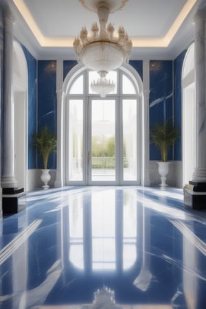 A large living room. The floors are made of eye-catching blue and white marble. Masterpiece, high quality, best quality, authentic, super detail, interior, daylight, (WHITE WALL), (((right corridor)), tiled floor, glass door, mirror-covered column, an ostentatious chandelier, windows letting in light from the floor Dining table in the middle for 8 people

