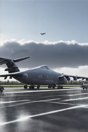 A massive B-52H Stratofortress strategic bomber on concrete runway with complete weapons display, enormous aircraft in tactical gray finish positioned center frame, expansive weapons array laid out in wide arc formation before the aircraft, symmetrical display showcasing full strategic payload capability, ordnance arranged in precise rows forming chevron pattern: cruise missiles in center position, conventional bombs arranged in graduating sizes, smart weapons with guidance kits, cluster munitions on outer edges, all ordnance mounted on individual weapons trolleys with proper spacing, maintenance vehicles with loading equipment flanking the display, small B-52 silhouette visible flying in background through scattered cumulus clouds, natural evening light casting dramatic shadows, distant treeline visible on horizon, additional aircraft facilities in far background, professional military aviation photography style, front-quarter high angle view, ultra high-resolution capture showing precise technical details, clean airport environment with runway markings visible,