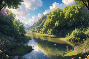 The image features a serene nature view. A stream or river flows its cool waters downwards, embellishing a valley surrounded by greenery. Trees add liveliness to the landscape with their lush green leaves and shady branches. The chirping of birds and the gentle flow of water echo the sounds of nature.

While the sky is decorated with sparkling sunlight and pure white clouds, animals may also appear in the distance as a part of natural life. For example, birds fly on tree branches or in the sky, while butterflies dance among flowers. These animals emphasize the liveliness and activity of nature.