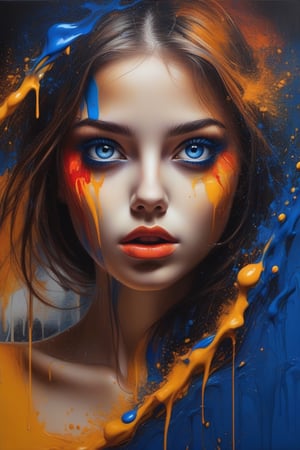 The girl has a dazzling eye of deep blue. sexy aestheticA dark, fantastic portrait dominated by warm tones of orange, yellow and red. The artwork features splashes and blends of these vibrant colors, creating a sense of movement and energy. The entire canvas appears wet, colors merging and mixing in various areas, creating a dynamic and fluid look. The general atmosphere of the picture is mysterious and evocative, drawing the viewer into its incredibly beautiful world.