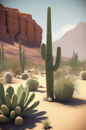 Let a desert environment have many animal species. like it's going somewhere. in the valley. cacti etc.