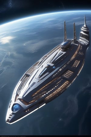 Let's have a very large spaceship in space. There will be houses, skyscrapers, forests, trees, waterfalls and living spaces inside the ship. Let there be satellites, meteors, etc. around it, and a very beautiful and flashy ship. Have sections around the main ship in the middle.