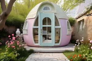 Let it be a house made of an egg, with doors and windows and shutters. Let it be two-storey and have a terrace. Have a variety of pastel colors,egg