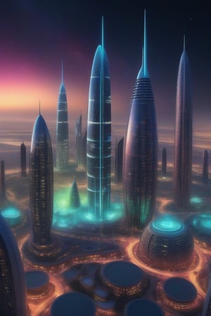 A mesmerizing Cityscape of an alien world set in a distant time and place in the vast cosmos, it is an architectural marvel featuring towering, bioluminescent structures that emit a dazzling array of colours. Standing proudly amidst a BREATHTAKING landscape. It creates a fascinating foreign atmosphere. Round houses lined up side by side reaching towards the sky. like skyscrapers in dubai