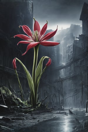 urreal, apocalyptic scene featuring a colossal spider lily (Higanbana) towering over a ruined city. The crimson petals of the flower stretch wide, dwarfing the shattered buildings below. The city beneath is in ruins, with crumbled structures, collapsed bridges, and streets covered in debris. Smoke and dust fill the air as the remnants of civilization lie in desolation. The sky is a deep red, complementing the ominous presence of the flower, which casts a shadow over the fallen metropolis. The atmosphere is eerie and otherworldly, symbolizing both beauty and destruction."