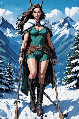 Create a spectacular work of art featuring the silhouette of Skadi, the Norse goddess of winter, skiing and hunting, with a backdrop of snow-capped mountains and icy fjords. Include Skadi's form: Her fierce, determined expression, adorned with a winter cape and fur-lined boots A pair of skis and a bow, symbolizing her prowess in both winter sports and hunting Wavy hair blending into the snowy landscape Skadi's silhouette includes wild winter landscapes, hunting Describe travels and tranquil snowy landscapes: Hikers and hunters navigating snow-covered forests and mountainous terrain Wildlife such as reindeer and wolves thriving in the icy environment Frozen lakes and sparkling snowflakes create a tranquil but harsh winter landscape A color palette that blends: Winter and Icy blues and vivid whites representing cold Deep silvers and grays symbolizing strength and endurance Hints of emerald green for evergreen forests and natural beauty The overall composition should convey strength and harmony with nature, emphasizing Skadi's role as a formidable character. The goddess who managed to survive in the harshest winter conditions. Combine artistic styles inspired by Norse epic illustrations and contemporary Alpine art with vibrant, twinkling light effects to enhance the majestic and serene atmosphere. Symbolizing endurance, hunting skills and the beauty of winter.