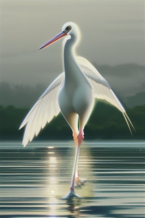 A VERY WHITE, LONG-LEGGED STORK WITH A LONG BEAK AT THE EDGE OF A WATER