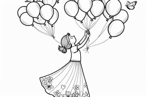 A mother holds a child up in the air with both hands. Let heart balloons, butterflies and birds fly around them. Let the mother's skirts consist of different flowers. LET IT BE A COLORING PAGE FOR STUDENTS.