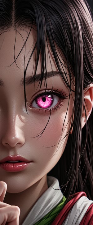 1girl, solo, looking at viewer, pink eyes, parted lips, black hair, hand up, lips, eyelashes, portrait, close_up, VFX colour, highly detailed, highly realistic, highly glowing, highly beautiful, dark room, goddess look, nezuko kamado /(demon slayer)/