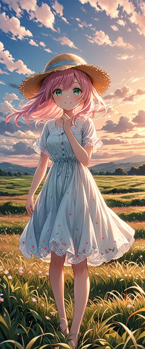 1girl, solo, looking at viewer, smile, hat, dress, green eyes, standing, pink hair, short sleeves, outdoors, sky, cloud, wind, sunset, straw hat, field, haruno sakura