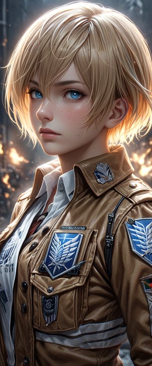 solo, highly detailed, highly realistic, highly quality, looking at viewer, short hair, VFX glowing blue eyes, blonde hair, VFX shirt, 1VFX boy, hair between eyes, VFX jacket, VFX white shirt, upper body, VFX male focus, VFX collared shirt, lips, freckles, realistic, emblem, VFX paradis military uniform, survey corps \(emblem\), armin arlert