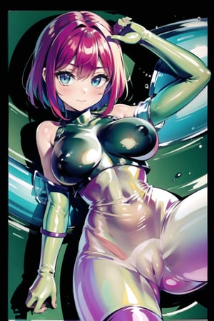 masterpiece, top quality, best quality, official art, beautiful and aesthetic,1girl, bodysuit,colorful bodysuit,breasts, solo,  skin tight, gloves, large breasts, looking at viewer, thighhighs,thigh boots,latex, impossible clothes, shiny skin,blush,see-through, transparent,  lying, extreme detailed,highest detailed, optical mixing, playful patterns, lively texture, unique visual effect,(motion sex),pink_hair,short-hair,