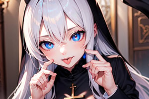 ultra realistic 8k cg, masterpiece, ultra detailed background, delicate pattern, intricate detail, standing, formal, evil smile, nun, very long hair, white hair, looking at viewer, large breasts, black clothes, PERFECT FACE, SEXY FACE, PERFECT BODY, Cologne Cathedral, perfect hands, detailed fingers, beautiful detailed eyes, perfect eyes, seductive eyes, looking at the viewer, from front, 1girl, hand to own mouth, tongue out, wink,pink_hair