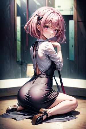 female,(masterpiece, best quality, ultra detailed, absurdres)1.5,white shirt black dress neck ribbon,1girl short hair,demonictech, pink hair, bangs, sitting, from_behind, looking_at_viewer,Anis