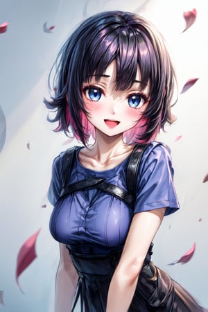 1girl, solo, long hair, breasts, looking at viewer, blush, smile, open mouth, bangs, blue eyes, skirt, pink hair, shirt, black hair, medium breasts, collarbone, upper body, short sleeves, :d, blue skirt, petals, pink shirt, brushstrokes in background,Anis