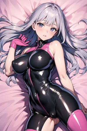 masterpiece, top quality, best quality, official art, beautiful and aesthetic,1girl, bodysuit,colorful bodysuit,breasts, solo,  skin tight, large breasts, looking at viewer, thighhighs,thigh boots,latex, impossible clothes, shiny skin,blush,see-through, transparent,  lying, extreme detailed,highest detailed, optical mixing, playful patterns, lively texture, unique visual effect,(motion sex),pink silver_hair,