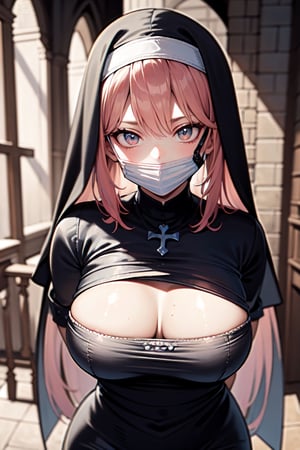 ultra realistic 8k cg, masterpiece, ultra detailed background, delicate pattern, intricate detail, standing, formal, evil smile, nun, very long hair, looking at viewer, large breasts, black clothes, PERFECT FACE, SEXY FACE, PERFECT BODY, Cologne Cathedral, perfect hands, detailed fingers, beautiful detailed eyes, perfect eyes, seductive eyes, looking at the viewer, from front, 1girl, hand to own mouth,pink hair,motion sex,