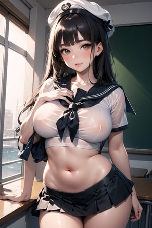 (Masterpiece, Top Quality, Best Quality, Official Art, Beauty & Aesthetics: 1.2), hdr, high contrast, wide angle lens, 1girl, bangs, looking at viewer, relaxed expression, pronounced brown eyes, long faded eyebrows, Soft makeup, gradient lips, big breasts, hourglass figure, long fingers, belly button, realistic illustration, (soothing tones: 1.3), (super detailed: 1.2), solo, see-through, (((sailor_shirt))), sailor skirt, hat, big breasts, standing, cowboy shot, very long hair, sunny day, classroom background,
