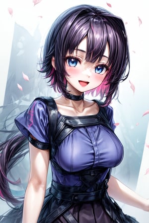 1girl, solo, long hair, breasts, looking at viewer, blush, smile, open mouth, bangs, blue eyes, skirt, pink hair, shirt, black hair, medium breasts, collarbone, upper body, short sleeves, :d, blue skirt, petals, pink shirt, brushstrokes in background,Anis