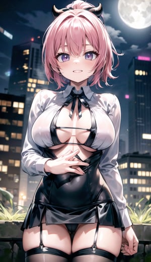 female,(masterpiece, best quality, ultra detailed, absurdres), (white shirt:1.2), black lace dress ,short skirt, neck ribbon, 1girl, short hair,ponytail hair,(pink hair:1.2),devilish smile,perfect hands,bangs,in_wild, midnight, big_fullmoon, weak_moon_light, grassground,from_front, looking_at_viewer,Breasts ,coverc,coverr,Nipples ,sexbodysuit,body stockings,cross-laced bikini