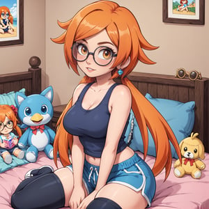 score_9, score_7_up BREAK 1girl,dolphin shorts,thighhighs,tank top,sitting,thick thighs,skindentation,orange hair,yellow eyes,freckles,bob cut,round-frame glasses,stuffed toy,bed,Enhanced All,ddeeuussaa, long hair, large breasts, very long hair, ((orange hair)), twintails, ((yellow eyes)), ((orange hair)),((megane)), ((round eyewear)), ((glasses)), earrings