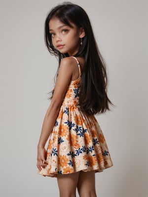 (score_9, score_8_up, score_7_up,) Little girl, 14 years old, black hair, amber eyes, floral dress, petite, child model, solo singer, perfect body, showing legs, long hair,