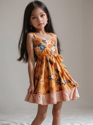 (score_9, score_8_up, score_7_up,) Little girl, 14 years old, black hair, amber eyes, floral dress, petite, child model, solo singer, perfect body, showing legs, long hair,