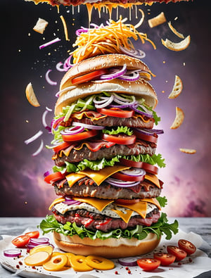 Photo of deconstructed bacon burger layered eruption with ingredients floating in the air, hamburger buns, bacon, ground steak, salad, tomatoes, red onions, cheddar cheese slices, ketchup, dynamic food, appetizing and fresh elements, in studio, Upper right white lighting, shot with Canon EOS R5.