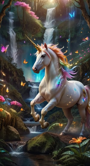 Beautiful unicorn, rainbow unicorn, magic forest, night sky, moon, fireflies, butterflies, beautiful and spectacular waterfalls, picturesque landscapes, gorgeous castles, (Masterpiece, Best Quality, 16K: 1.2), ( Ultra-detailed, high-resolution, extremely detailed, ridiculous, incredibly ridiculous, huge file size: 1.1), (photorealism: 1.3), Futurevolab, portraits, surreal illustrations, digital paintings.