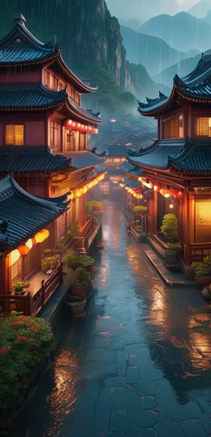 arafed view of a village with a lot of lights on the buildings, dreamy chinese town, chinese village, amazing wallpaper, japanese town, japanese village, hyper realistic photo of a town, old asian village, japanese city, by Raymond Han, rainy evening, cyberpunk chinese ancient castle, beautifully lit buildings, at evening during rain, beautiful and aesthetic, photography, cinematic, 8k, high detailed ((Heavy rain)))