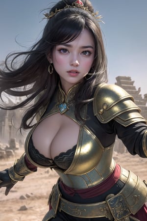 China's sneering busty beautiful girl, strong and plump figure, beautiful and charming face, fair and translucent facial features, murderous eyes, seven-point lens, (desolate and deserted ancient battlefield: 1.2), (hand-held weapon: 1.2) big breasts, big breasts, Big cleavage, thin waist and wide hips, thick arms, fair and shiny big breasts, sexy open-cut and ultra-low-cut exquisite bra, gorgeous metallic armor, vampire fangs, blood stains on many places on the body, ultimate picture quality, unified CG 16K, great value , detailed background, exquisite scenes, HDR high dynamics, true restoration, exquisiteness, attention to detail enhancement, overtaking and high traffic, 100 million ultra-high pixels, on the uninhabited ancient battlefield, the background of the towers perfectly presents the artistic style of Midway Island.