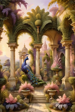 An ultra higly detailed ancient garden with a sumptuous plant sculpture, masterpiece of topiary art. A masterpiece painted by Claude Lorrain, highly detailed leaves, purple flowers, a pink (peacock:1.2) at the center of the scene. Golden hour, romantic landscape, vivid colour contrasts,  Architectural100, on parchment