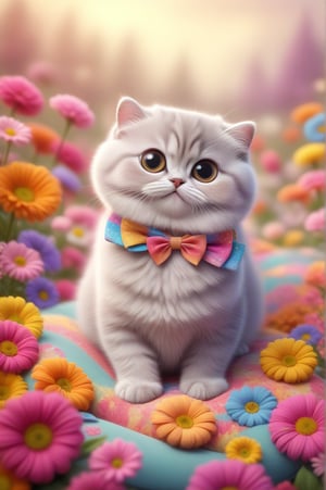 Beautiful kitten (Scottish Fold cat) sitting on a solid color cushion and smiling with a bow around her neck, surrounded by colorful flowers.  Super cute digital illustration, probably created on a graphics tablet and illustration software, from the contemporary era, using a vibrant, desaturated color palette and colorful flowers.  The background is a dreamy fairytale scene with a summer open air sky.,<lora:659095807385103906:1.0>