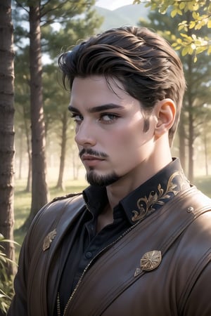 Natural Light, (Best Quality, highly detailed, Masterpiece), (beautiful and detailed eyes), (realistic detailed skin texture), (detailed hair), (Fantasy aesthetic style), (realistic light and shadow), (real and delicate background), ((cowboy shot)), (from high), assassin, sole_male, hazel colored eyes, short brown hair, A handsome rouge, clad in dark leathers, stands confidently in a beautiful 
forest landscape.
,Germany Male

Artemis Entreri was not very tall (he was consistently described as "small") but he was compact with wiry muscles. He was possessed of angular features, striking high cheekbones, and prominent sideburns. Though he was usually clean-shaven, Artemis always seemed to need a shave.