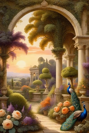 An ultra higly detailed ancient greenery garden with sumptuous masterpieces of topiary art. A masterpiece painted by Claude Lorrain, highly detailed leaves, purple flowers, red and orange roses and a (white peacock:1.4) at the center of the scene. Golden hour, romantic landscape, vivid colour contrasts,  Architectural100, on parchment