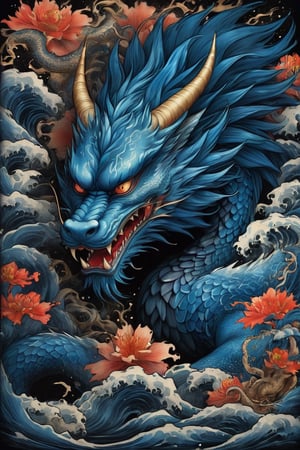 Beautifully drawn ((vintage t-shirt print))) in intricate ((vintage style typography)) surrounding (((sumi-e ink illustration))) blue dragon, blending elements of Japanese calligraphy and beast fighting on a black background , add some classical elements