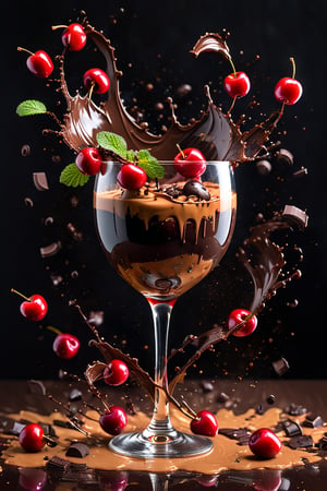 a photograph of a wine glass, maraschino cherries , hundreds and thousands, pieces of chocolate, sprinkles, wafers , dark chocolate sauce, hazle nuts, mint leaves, splashing dark chocolate sauce, in a gradient Cherry  coloured background, fluid motion, dynamic movement, cinematic lighting, palette knife, digital artwork by Beksinski,action shot,sweetscape, 3D, oversized fruit, caramel theme, art by Klimt, airbrush art, food photography, food explosion, 