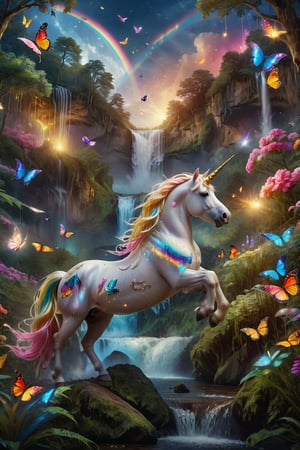 Beautiful unicorn, rainbow unicorn, magic forest, night sky, moon, fireflies, butterflies, beautiful spectacular waterfall, picturesque landscape,
  (Masterpiece, Best Quality, 16K: 1.2), (Ultra Detailed, High Resolution, Extremely Detailed, Ridiculous, Incredibly Ridiculous, Huge File Size: 1.1), (Photorealism: 1.3), by Futurevolab, Portraits, surreal illustrations, digital paintings.
