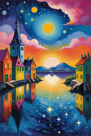 oil painting concept art, vibrant color, 

The starry night, Teppei Sasakura style, 

Create a whimsical and vibrant townscape with colorful, fantastical buildings, The color palette should include bright pinks, oranges, blues, and purples, with contrasting highlights and shadows to give depth, The brushwork should be smooth, with clean lines for the buildings and more fluid strokes for the sky and water reflections, The overall art style should evoke elements of surrealism mixed with folk art, Draw inspiration from artists like Marc Chagall for dreamlike scenes and Joan Miró for bold colors and shapes,

a image for a póster of psytrance festival, contains fractals, spiritual composition, the imagen evoke happiness and energy. the imagen contains organic textures and surreal composition. some parts of the image evoke a las trip,p1c4ss0