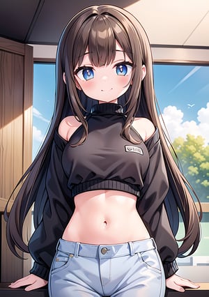 4k,best quality,masterpiece,20yo 1girl,(cropped sweatshirt),(demin pant), alluring smile, open hoodie,

(Beautiful and detailed eyes),
Detailed face, detailed eyes, double eyelids ,thin face, perfect hands, voluptuous fit body, slight midriff, ((Medium-length, Lush hair with long locks:1.2)), brown hair, Blue eyes, black backgroun,


accurate anatomy, studio style photo,
