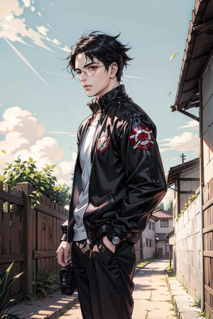 solo, fondo de la aldea konoha, mangas cortas, 1 hombreadulto, enfoque masculino, pantalones oscuros,,gafas, cabello negro, características de sarada uchiha, logo del clan uchiha,masculino 