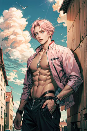 solo, looking at viewer, short hair, blue eyes, shirt, 1boy, jacket, pink hair, male focus, outdoors, sky, day, pants, cloud, blue sky, muscular, sunlight, pectorals, muscular male, wristband, bara, zipper, large pectorals, veins