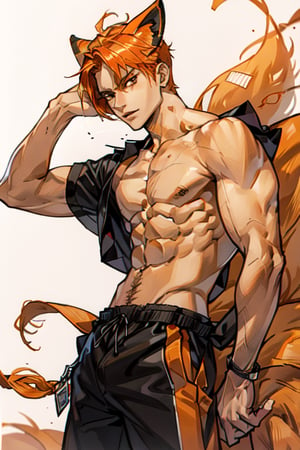 alone, konoha village background, 1 boy, male focus, red-orange hair, muscular, Kurama features, semi-human (orange fox)