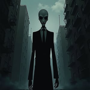 illustration in horror theme, creepy slendermen silhouette smil at camera from afar in dark city