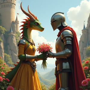 Realistic style, Anthropomorphic dragon girl standing on the left looking with admiration at flowers. A knight in a helmet stands to the right and holds out his hands with flowers to the dragon girl. Background castle