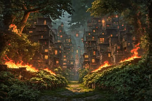 masterpiece scenery, Hyperrealistic, a0b, stunning overgrown city, high detail, intricate textures, dark surrounding, low light, nighttime setting, realistic shadows, ethereal, vibrant colors, dreamlike atmosphere, captivating expression, magical forest background, fiery glow, enchanted lighting, soft, golden light, intricate patterns in the background