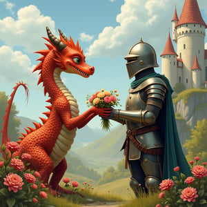 Realistic style, Anthropomorphic dragon girl standing on the left looking with admiration at flowers. A knight in a helmet stands to the right and holds out his hands with flowers to the dragon girl. Background castle