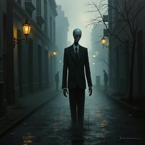 illustration in horror theme oil paiting style, creepy slendermen silhouette from afar in dark city